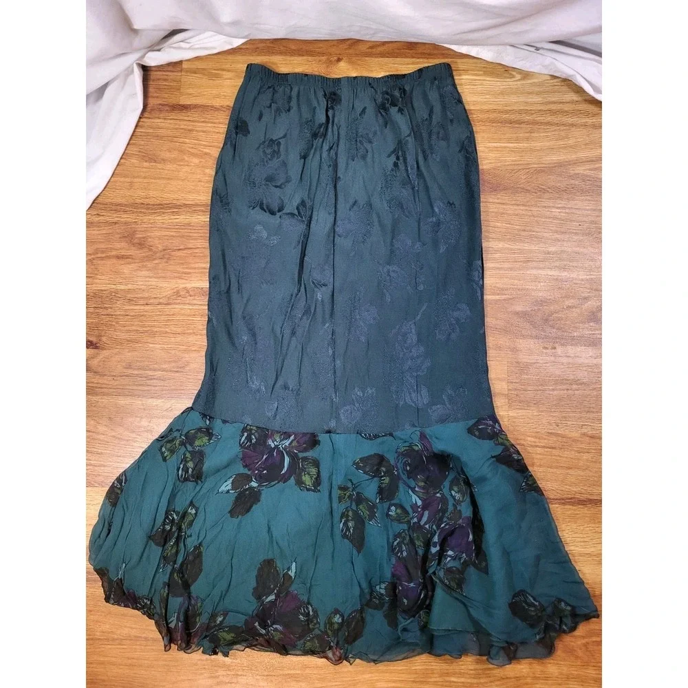 Vintage Y2K Garden Fairy Violet Kay Green Floral Jacquard Maxi Skirt Medium